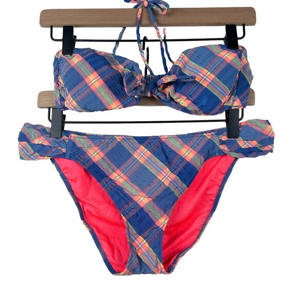 Victoria's Secret Seersucker Bandeau Bikini Womens Medium/Large Blue Coral - Picture 1 of 10